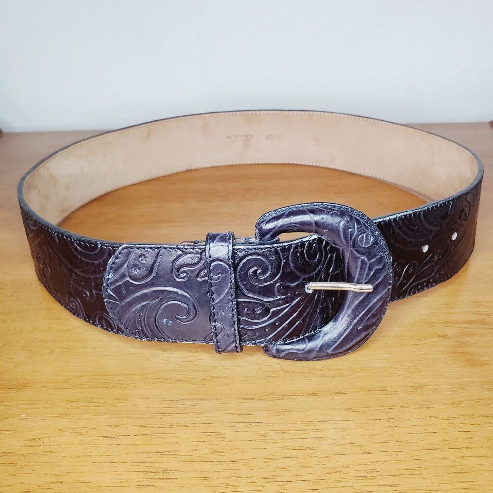 ETRO Womens Black Leather Tooled Belt Paisley Chunky Unique Belts BOHO 80/32